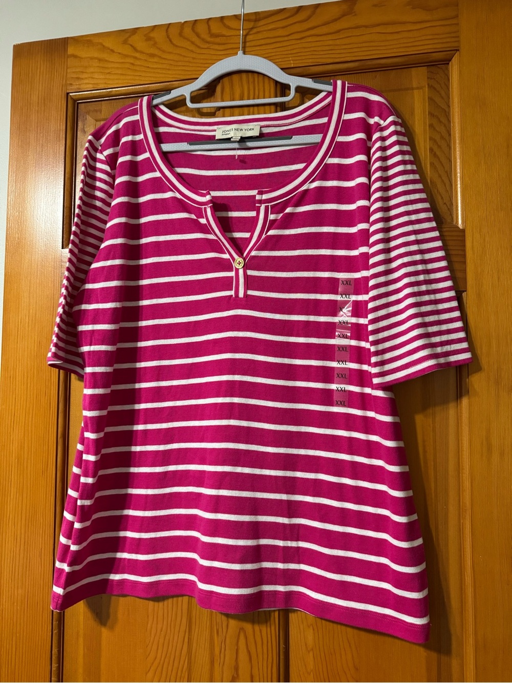 Jones New York Pink & White Striped Henley Tee